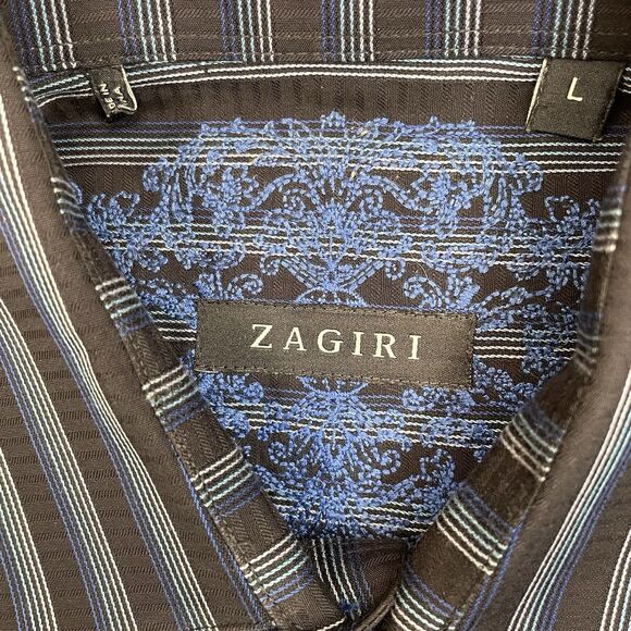 Zagiri Mens Blue Striped Flip Cuff Long Sleeve Button Up Cotton L - Picture 8 of 15